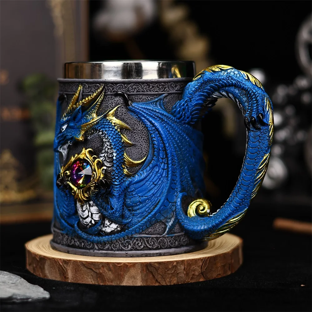 Retro Dragon Resin Hand Painted Stainless Steel Beer Mug Coffee Cup Gem Creative Design Tea Cup Bar Decoration Collection Gift