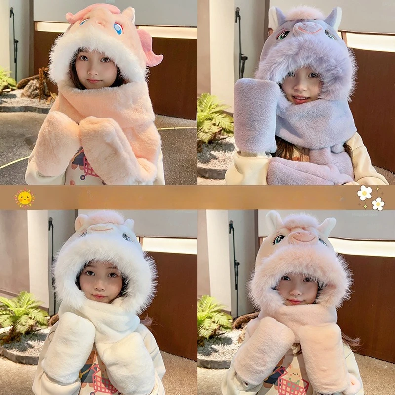 Miniso Little Pony الأطفال قبعة وشاح المتكاملة ثلاث قطع مجموعة للفتيات زائد الصوف سدادات حماية الأذن قبعة الباردة قبعة تدفئة