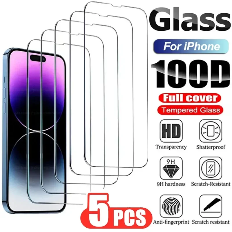 5Pcs Tempered Glass for IPhone 15 14 13 12 11 Pro Max Screen Protector for IPhone 12Mini 13Mini 7 8 14 Plus SE X XS XR Glass