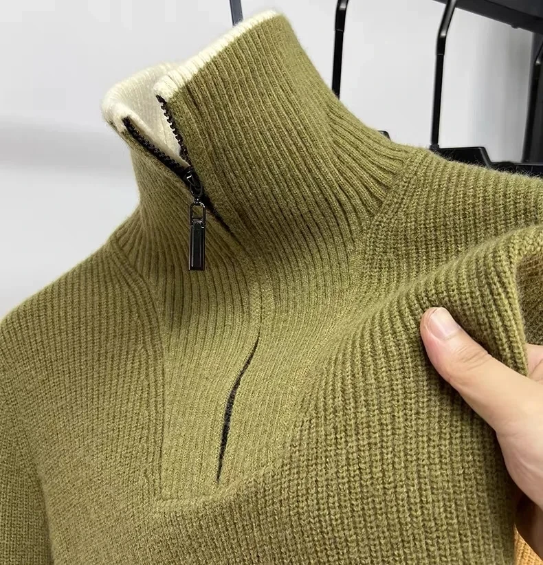 High end brand trend men half zip sweater 2024 autumn winter new casual fashion thickened solid color high neck knitted pullover