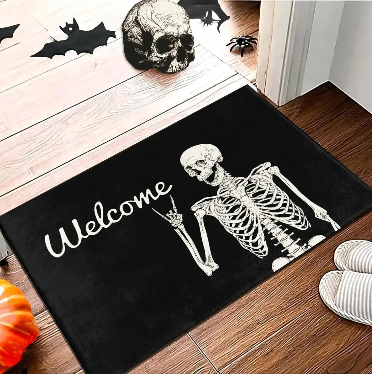 Gothic-Teppich mit Totenkopf-Muster, rutschfeste Bodenmatte für Zuhause, Wohnzimmer, Halloween-Dekoration, cooler, dunkler Teppich, langlebige Innentürmatte