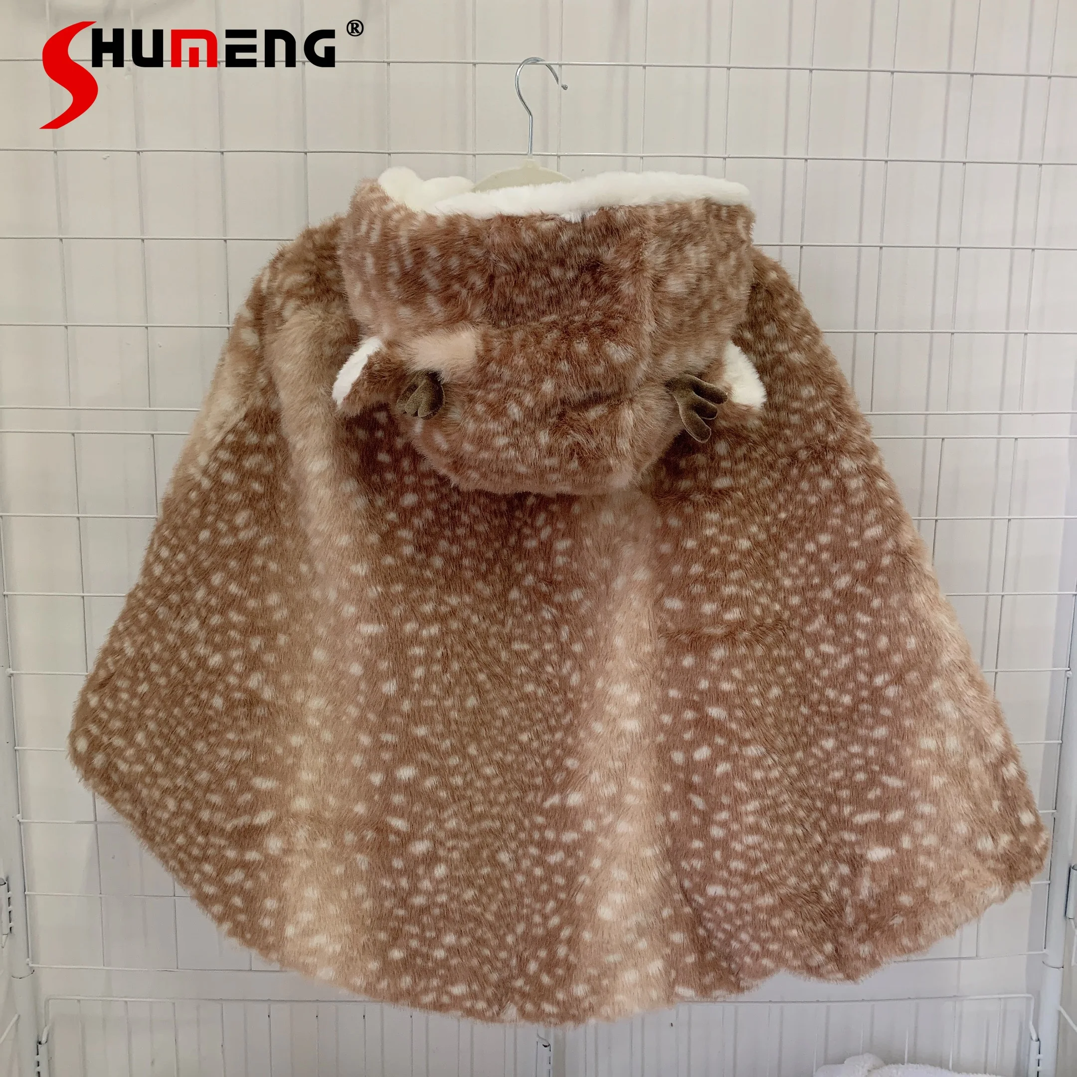 

Christmas Reindeer Pattern Plush Thickened Warm Lace-up Capes Short Jackets for Women Winter Sweet Cute Versatile Cloak Coats