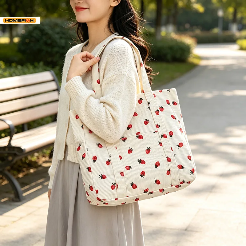 Bolsa de mão HOMEFISH em veludo cotelê com estampa de morango, grande capacidade, bolsa tote feminina, versátil, para ombro, para o dia a dia, praia.