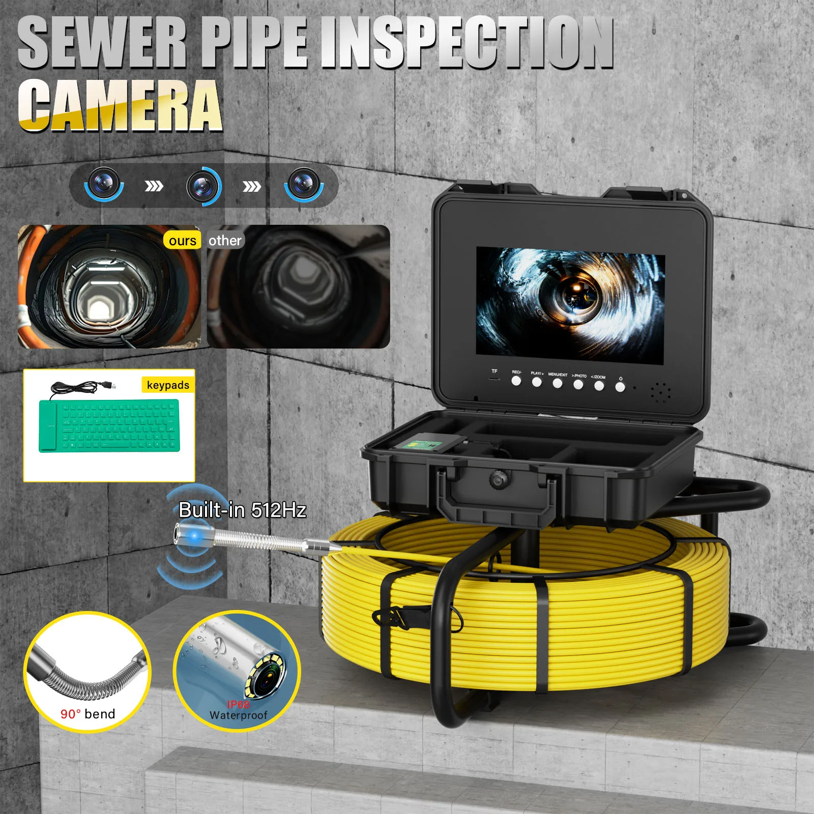 

10.1 inch IPS screen Auto-leveling Sewer inspection camera Night vision 100m 7mm line 512HZ locator Audio analog