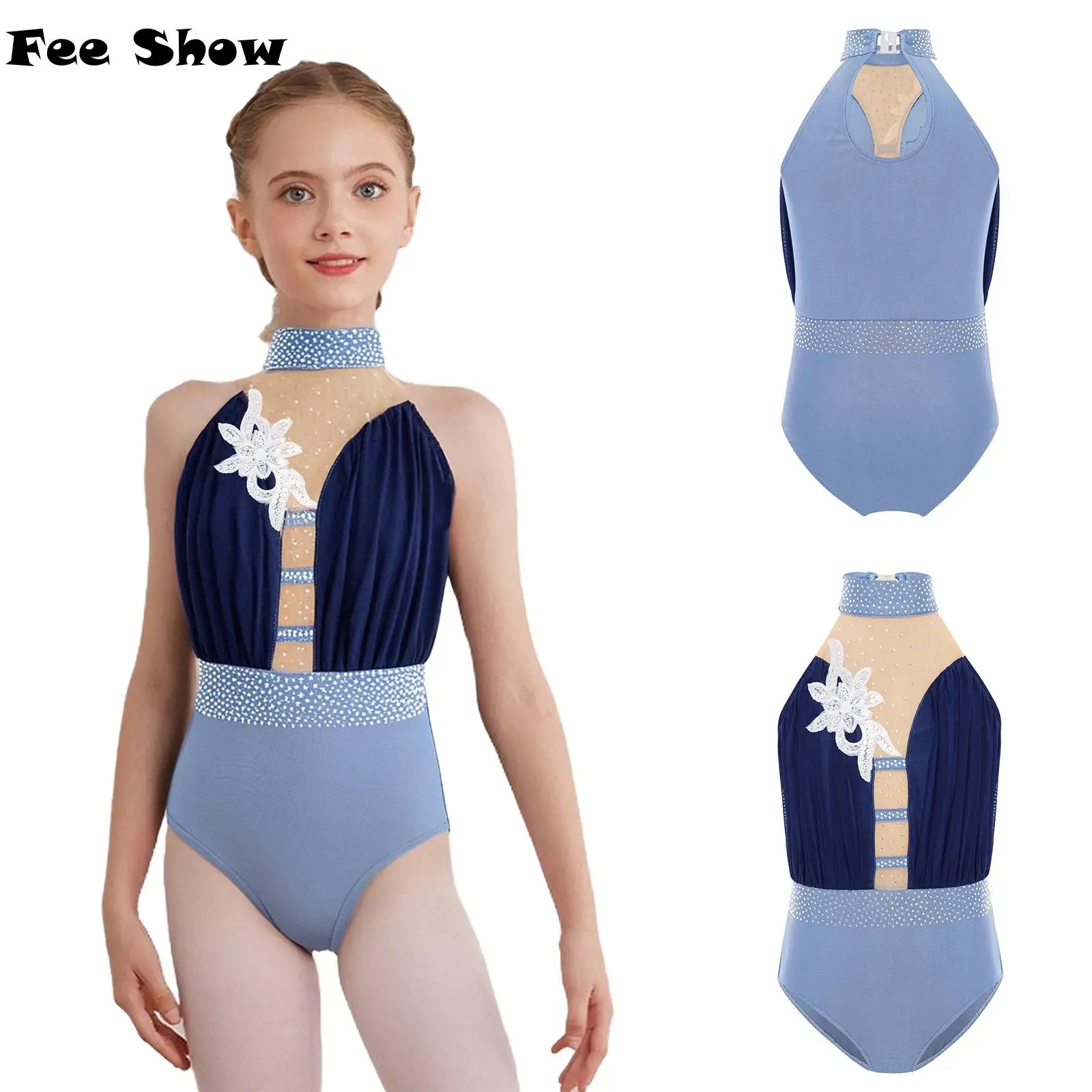 

Купальник для фигурного катания, гимнастики и танцев для девочек, без рукавов, с вырезом на спине, из прозрачной сетки, со стразами, танцевальная одежда