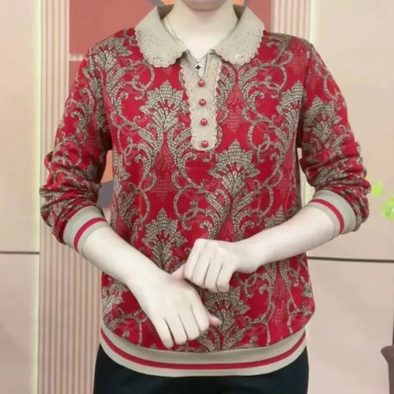 

Spring Autumn Ladies Collar Tops Femme Fashion Leisure Lotus Leaf Collar Blouse Middle Aged Mother Large Size 6XL Printing Coat