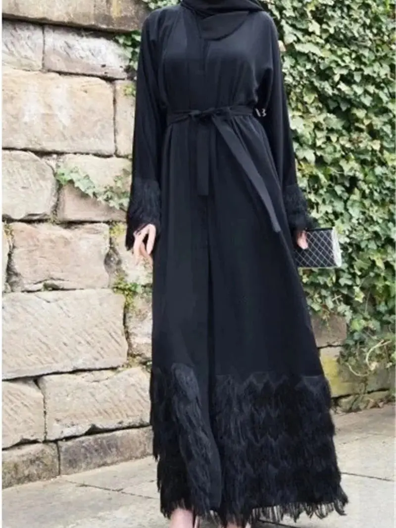 Elegant Muslimah thicker fabric Tassel abaya Turkish full length Dubai female lace sleeve Islamic dress wq1333 dropship