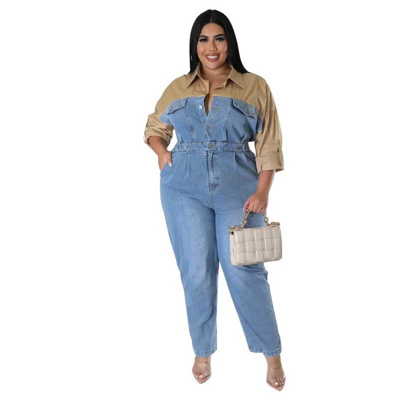 Plus Size Large Women\'s Jumpsuit New Denim Color Contrast Long Sleeve Jumpsuit Loose Fashion Casual Bodysuit Female Clothing