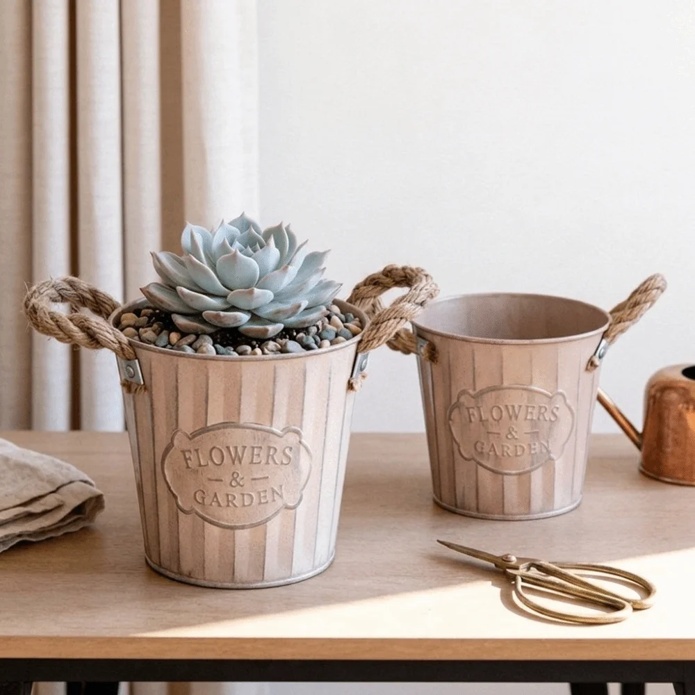 Storage Bucket Vintage Iron Flower Pot American Style Light Brown Flower Bucket Woven Rope Handle Flower Holder Farmhouse