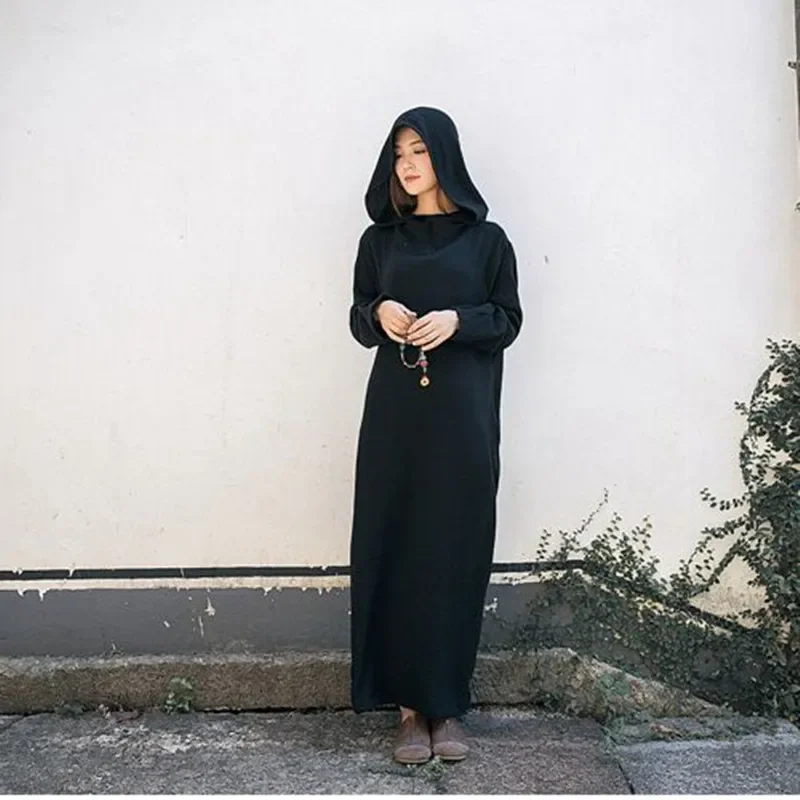 Women Black White Casual Vintage Hooded Dress Long Paragraph Dress Long Sleeved Vestidos 2017 Autumn Cotton Winter Maxi Dress