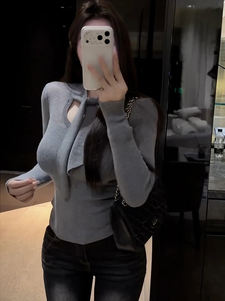 Coreano Sle Long Sve tejido ahuecado con cinturón Slim Fit ropa interior de mujer Top juvenil para otoño e invierno