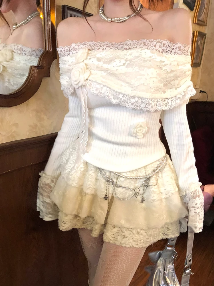 Elegant Vintage 2 Piece Sets Women Sweet Flower Lace Slash Neck Knitted Tops + Y2k Mini Cake Skirts Korean Fashion Lolita Suits