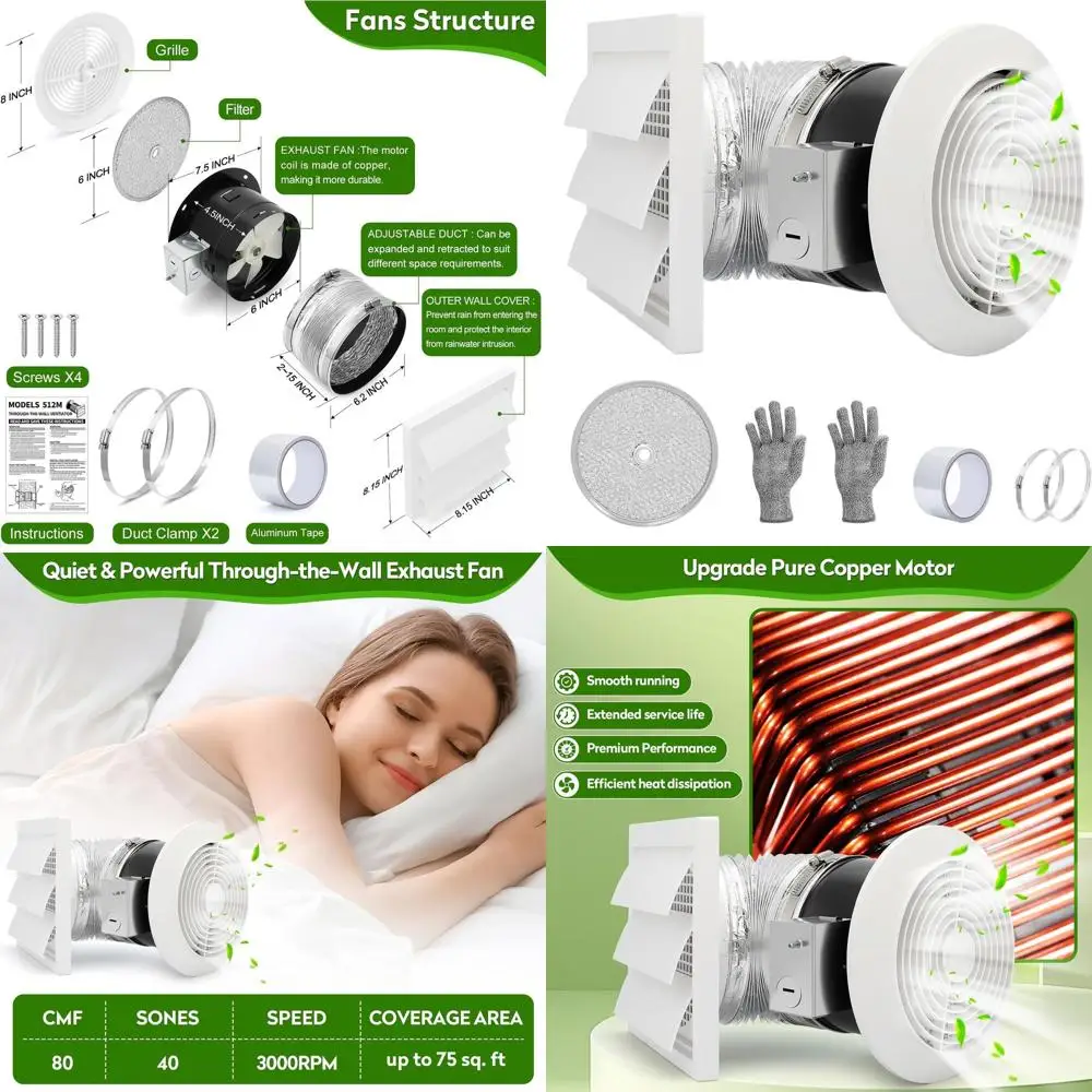 

6 Wall-Mounted 512M Kitchen & Bathroom Exhaust Fan with White Grille, 80 CFM, 4.0 Sones, 15 Retractable Duct