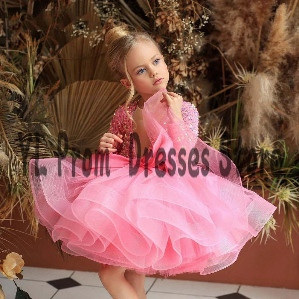 YL Sparkly Pailletten Langarm Blume Mädchen Kleider Puffy Illusion Oansatz Geburtstag Party Kleid Mini Länge Bogen فساتين حفلات