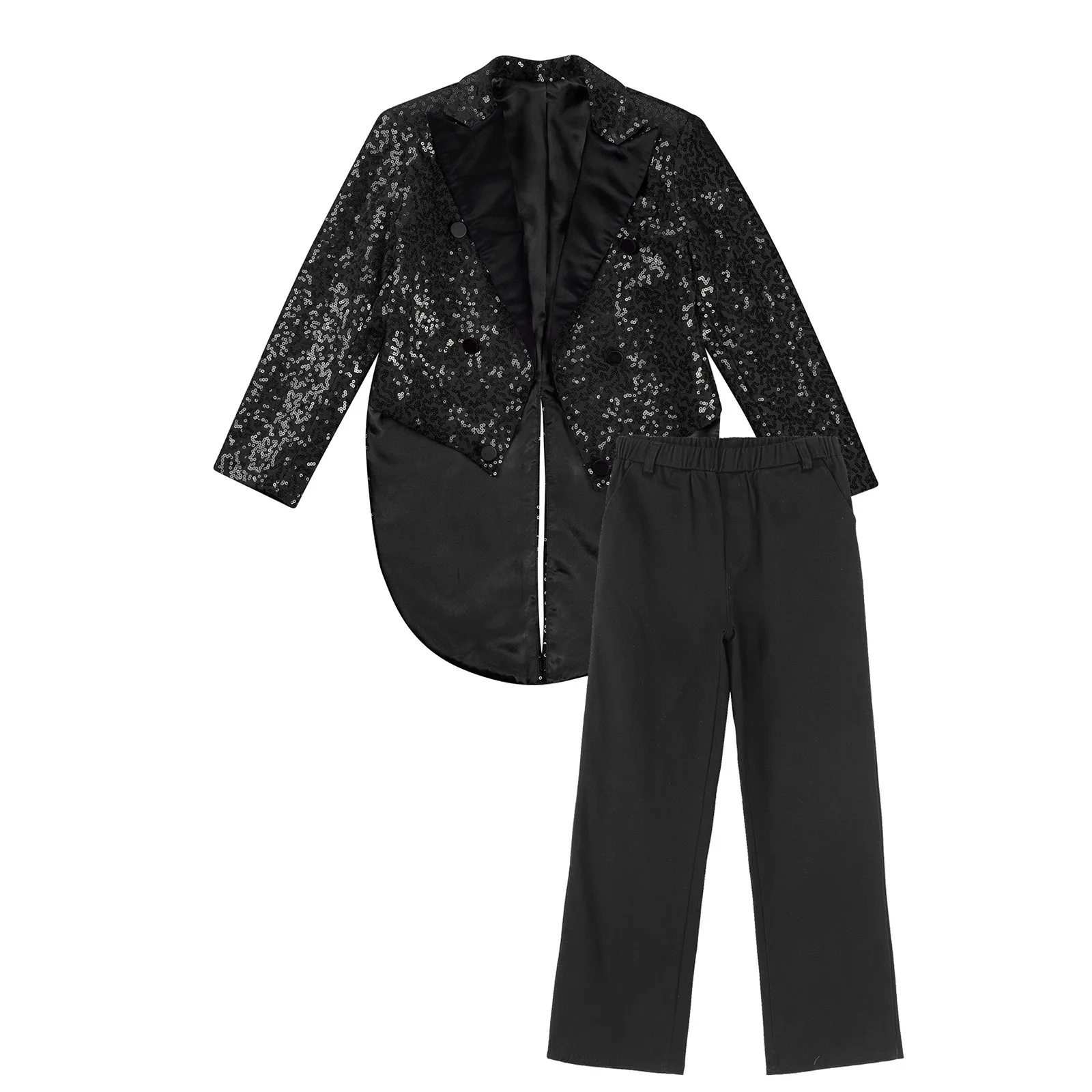 Children Boys Gentlemen Tuxedo Outfit Long Sleeve Sequin Tailcoat Blazer with Pants for Wedding Party Circus Magic Shows Dancing