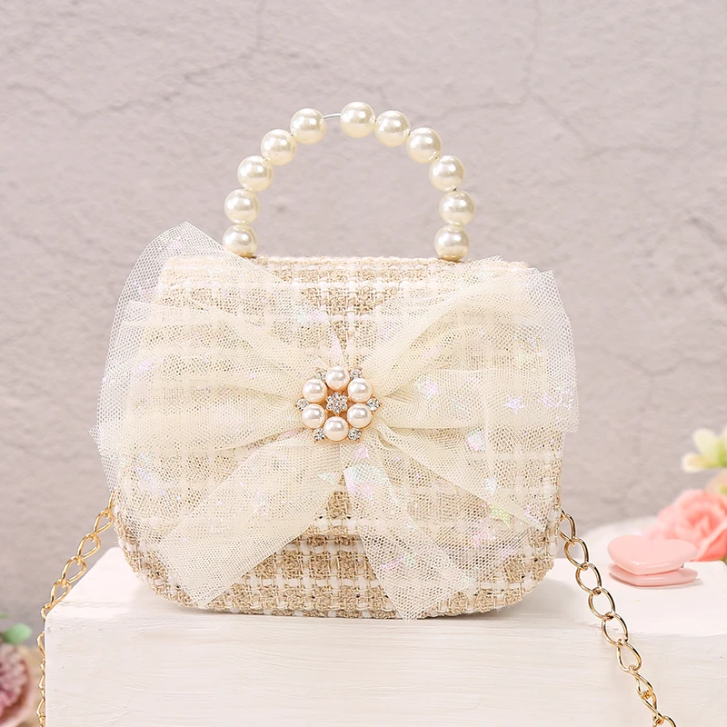 Kids Linen Purses and Handbags Cute Girls Princess Mini Crossbody Bag Bowknot Toddler Party Pearl Tote Hand Bags Gift