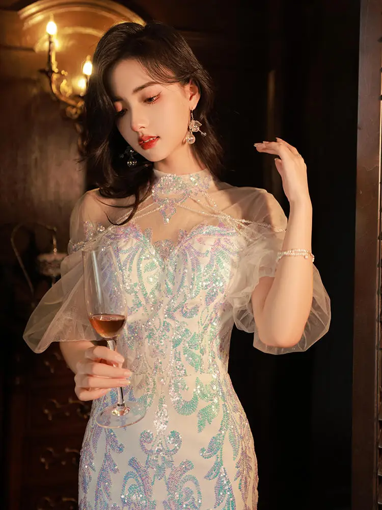 

Luxury Mermaid Sequins Celebrity Dresses Bling Bling Latern Sleeve Beading Women Zipper Party Sexy Long Wedding Prom Party Gowns