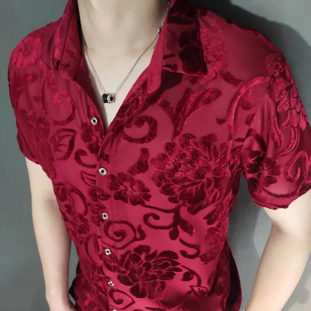 Peony Flower Pattern Velvet Shirt Men Transparent Short Sleeve Sexy Top Blouse Social Club Outfits Party Designer