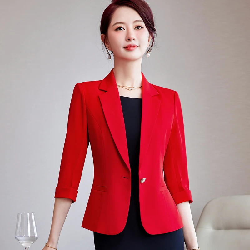 NAVIU Elegant ผู้หญิง Blazer ฤดูใบไม้ผลิฤดูร้อนใหม่ Professional Slim ครึ่งแขนเสื้อสํานักงานสุภาพสตรี Casual Work Coat Tops
