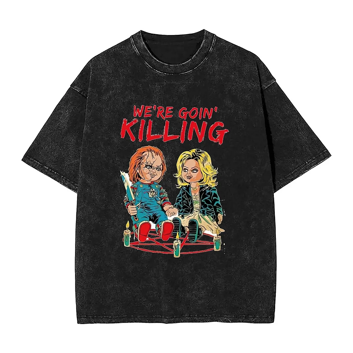 Horror Chucky And Tiffany Washed T Shirt Men Women We\'re Goin Killing Halloween Casual T Shirts Beach Tee Shirt Oversized Tops