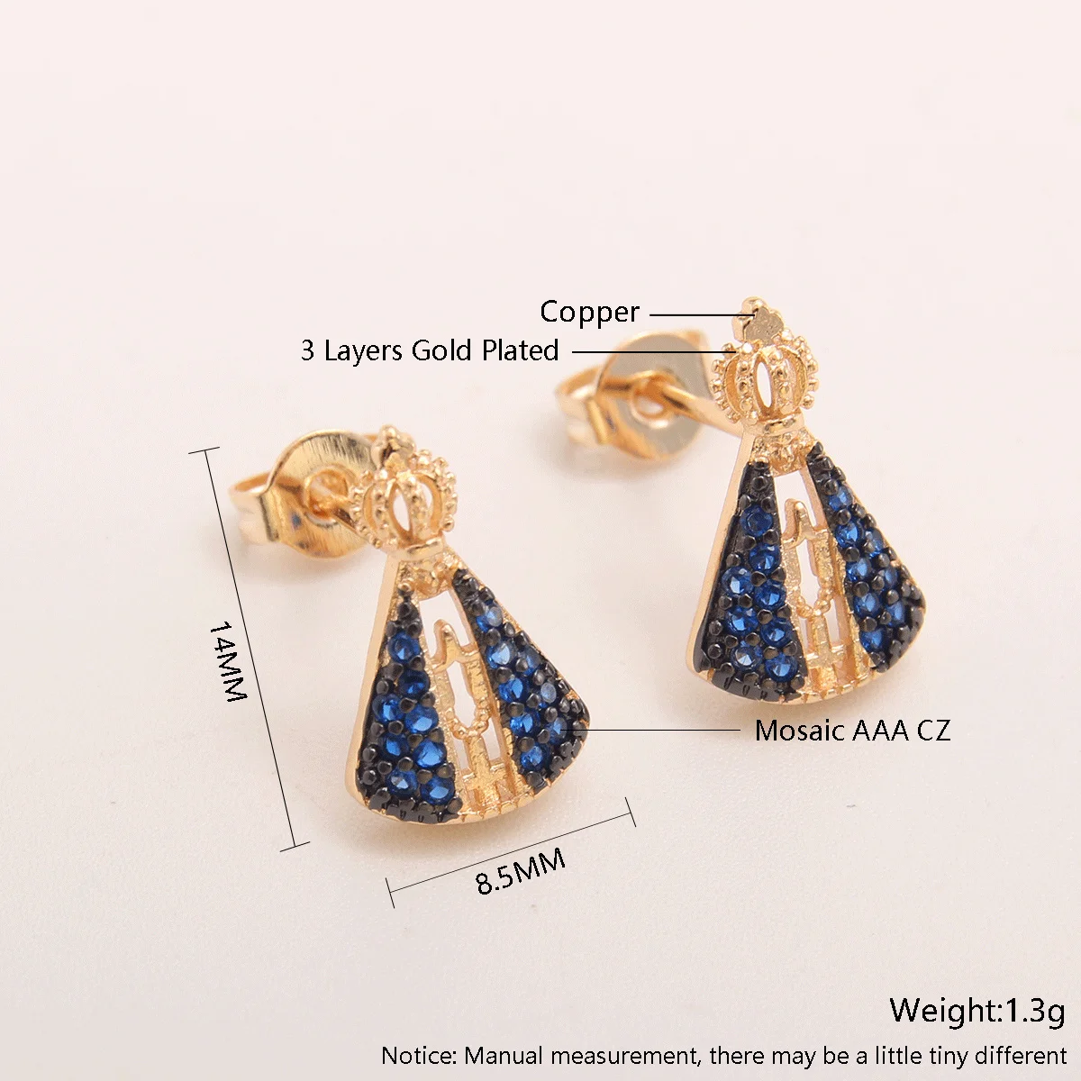 MHS.SUN Neueste Ohrstecker mit Jungfrau Maria, vergoldet, Mosaik-Ohrring mit blauem Zirkon, luxuriöser religiöser Schmuck für Frauen, Party-Geschenk – Detail 5