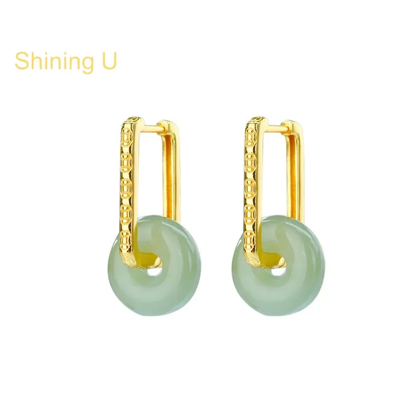 Shining U S925 Silver New Chinese Sytle Round Hetian Jade Drop Earrings Gold Plated Fine Jewelry Anniversary