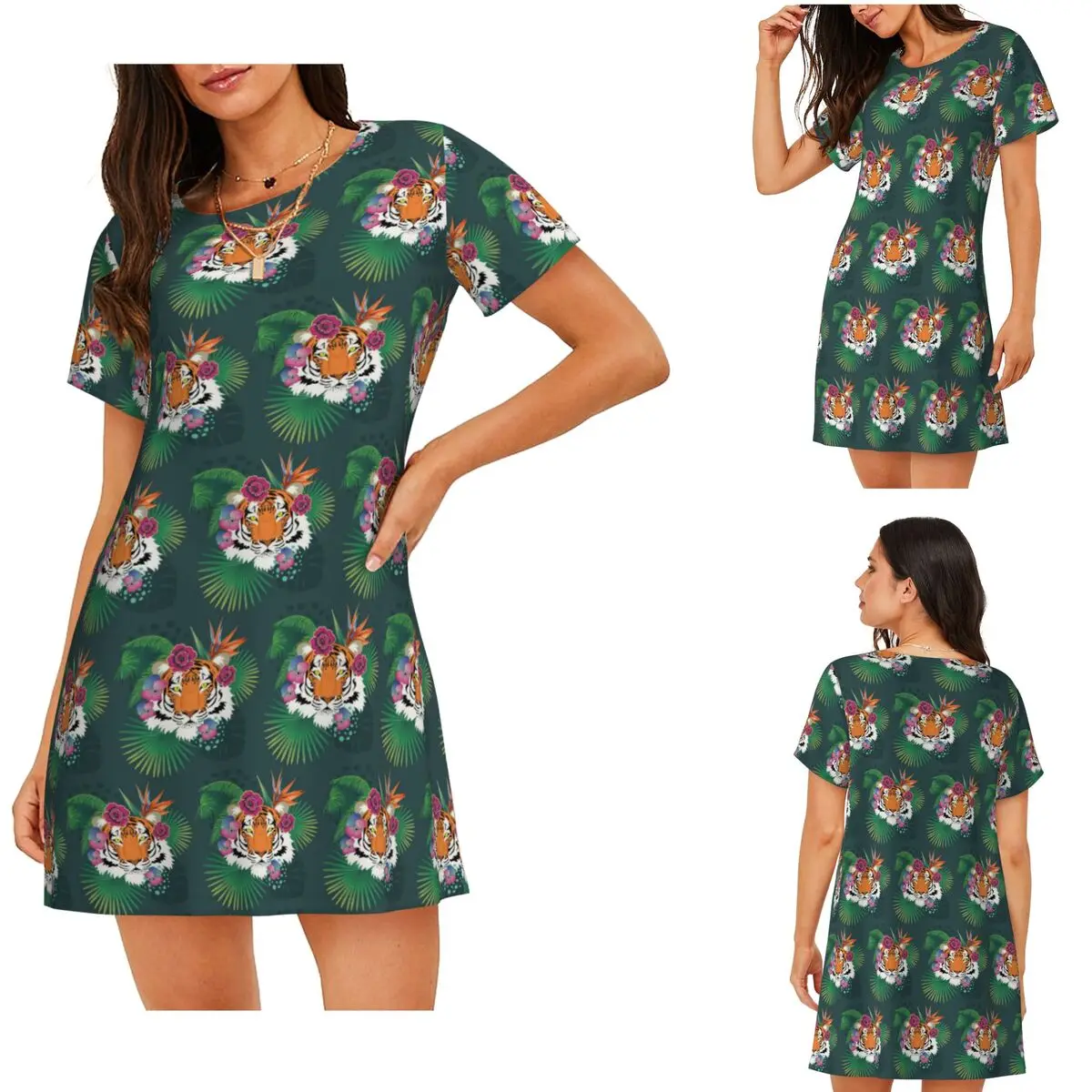 Custom Leopard Tiger Cartoon 2 Short Sleeves Nightdress For Sleeping Sleepshirts Women Short Sleeve Nightgowns Soft Pajama Dress