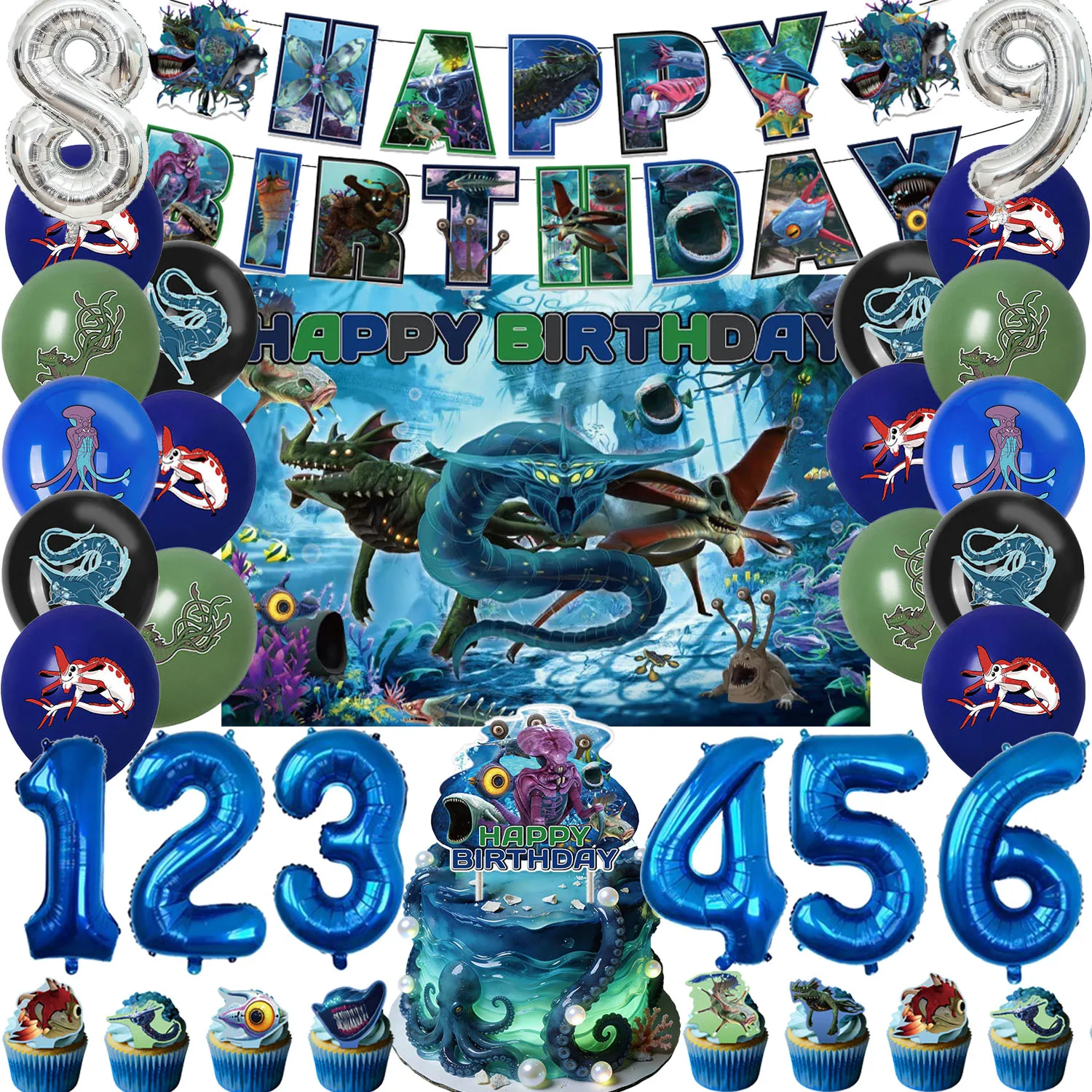 

S-Subnautica Theme Birthday Party Decorations Beautiful Water World Sea Monster Cake Topper Balloon Banner Photography Backdrop