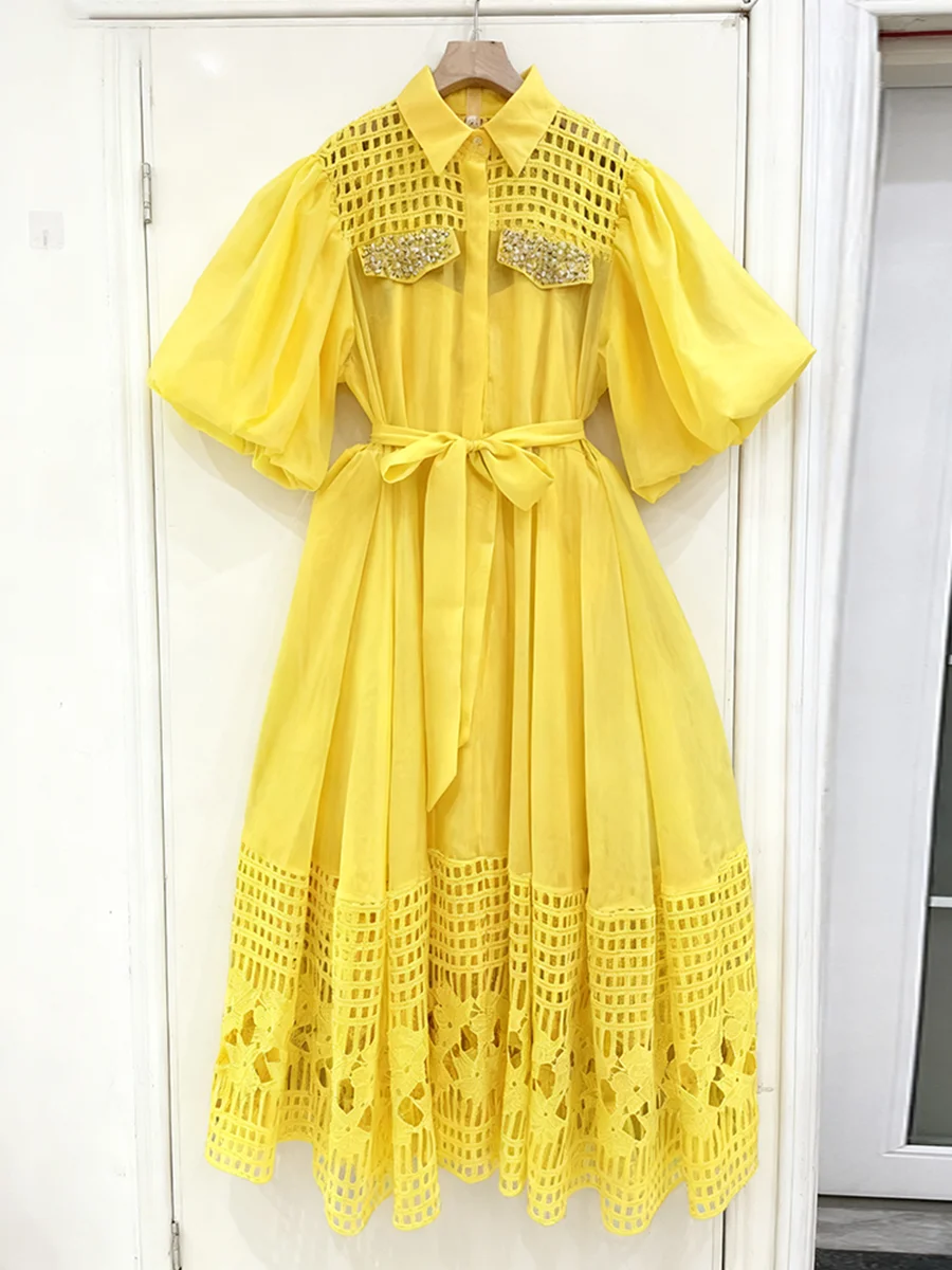 VGH elegante vestido Midi blanco de fiesta para mujer Laple media manga cintura alta Patchwork ahuecado vestidos florales ropa femenina