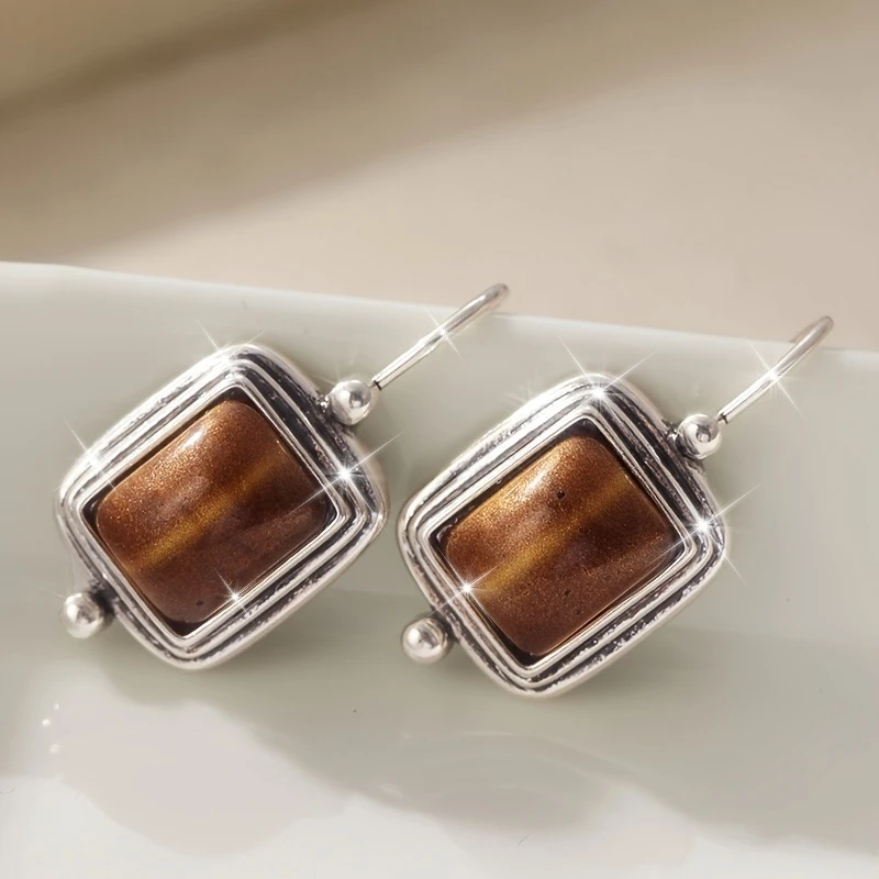 

Exquisite and Elegant Amber Square Pendant Earrings, Unique Vintage Textured Silver Jewelry, Elegant Accessories for Women