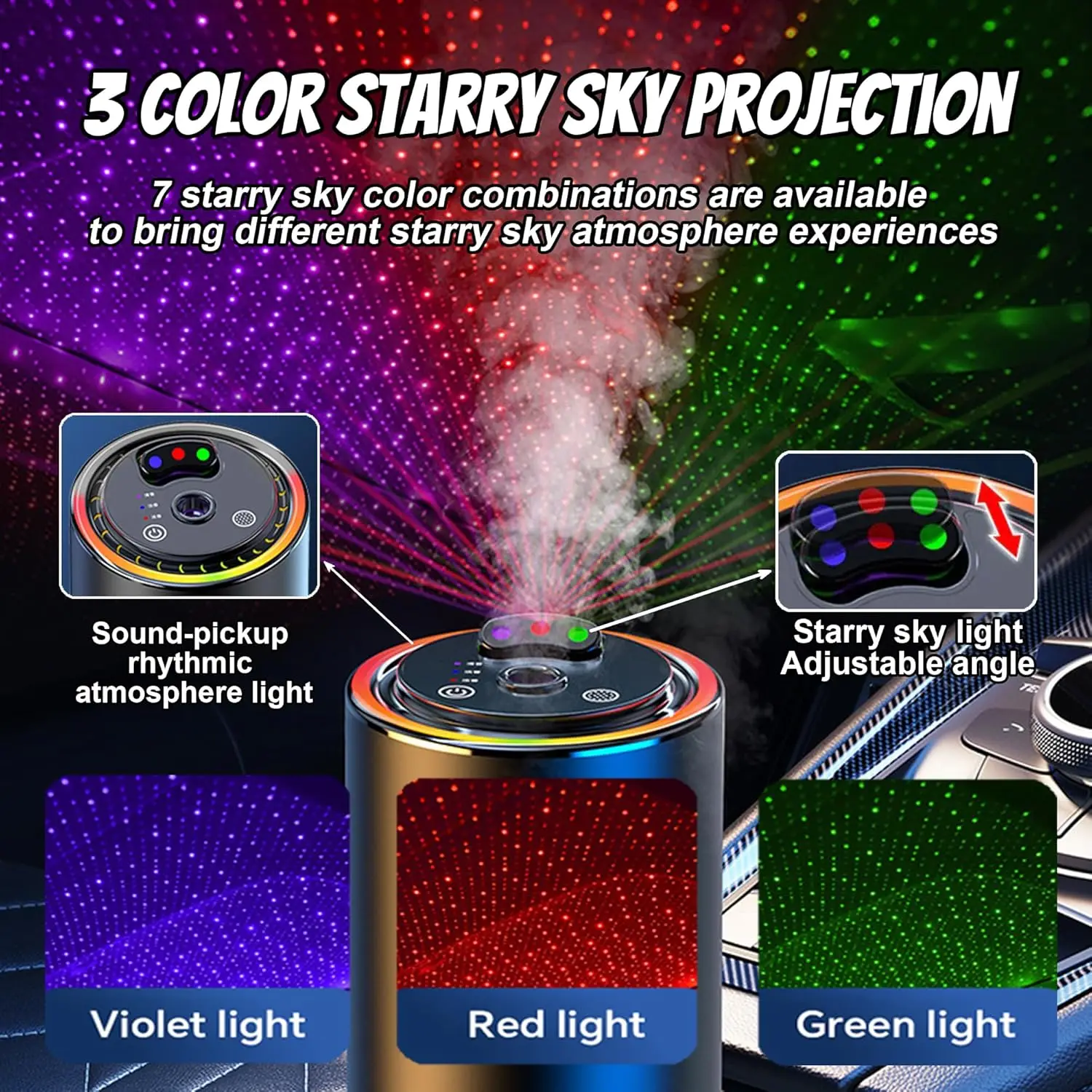 Car Air Freshener With Starry Sky Lamp 3 Color Essential Oil Fragrance Diffuser Auto Sound Pickup Ambient Light Aromatherapy