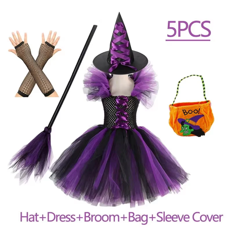 Girls Halloween Witch Costume Tulle Tutu Dress with Pointed Hat Kids Fancy Dress Outfit Carnival Cosplay Party Role Play 3 Color view 5