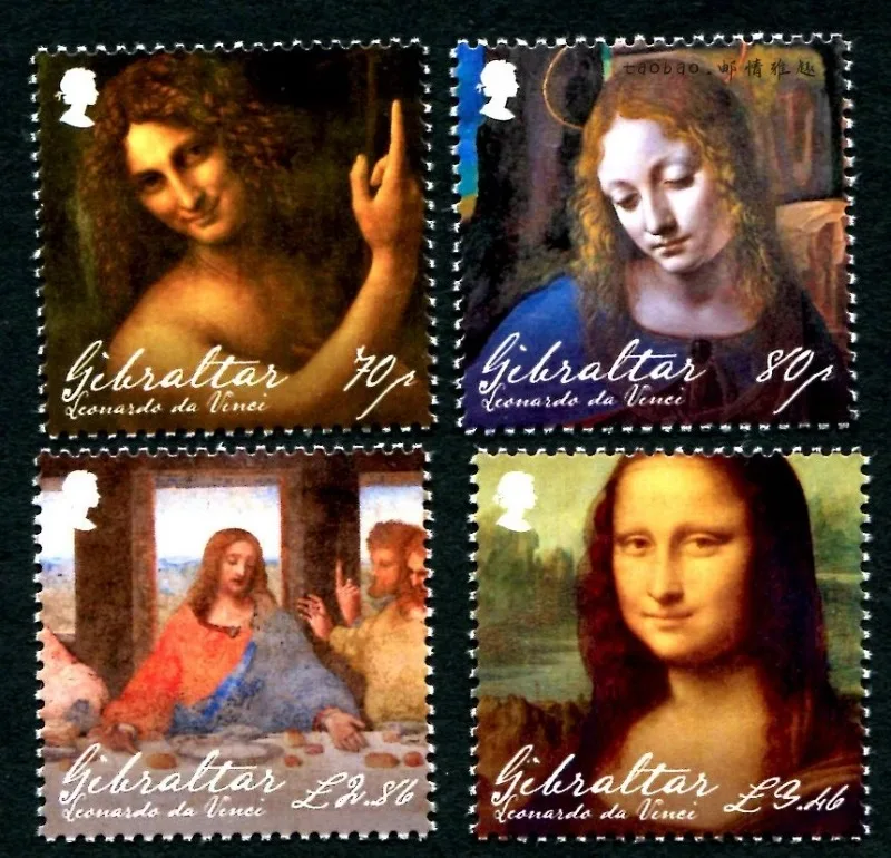 4 PCS, Gibraltar, Leonardo Da Vinci Painting Mona Lisa, Real Original Post Stamps, MNH