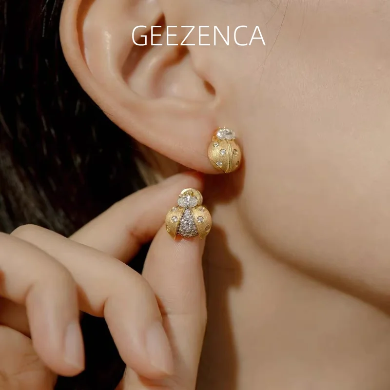 GEEZENCA Sparkling Cubic Zirocnia 925 Silver 18K Gold Brushed Ladybug AB Asymmetric Stud Earrings Women Dainty Trendy Earring
