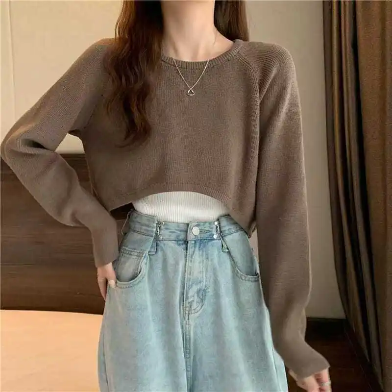 

Loose Short Sleeveless Women's Knitted Sweater Base Layer Top Black Long Sleeve Spring Autumn New Style Fashionable Base Layer