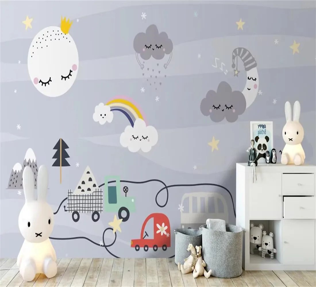 Custom size Wallpaper Hand drawn cartoon nordic sky rainbow children's room Background wall 3d wallpaper Kids mural 3d wallpaper