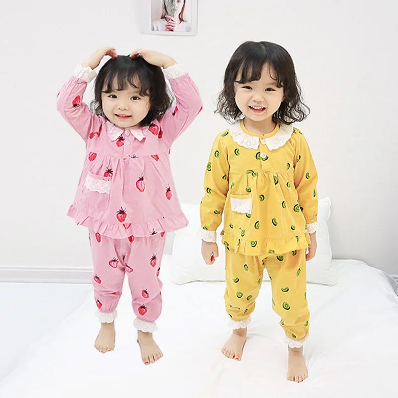 

Girls' Pajamas 100 Cotton Home Clothes Spring Thin Strawberry Lace Sweet Cute Simple Style Doll Collar Long-sleeved Top+trousers