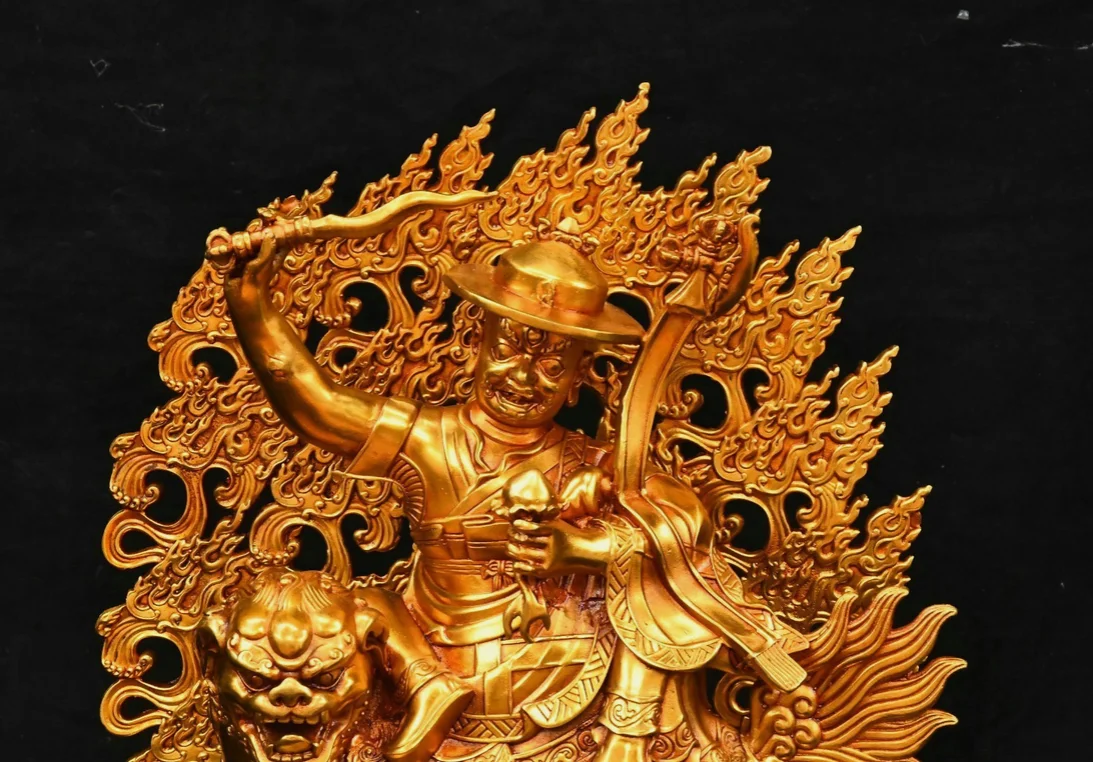 11.4''Old Bronze Gilt Dorje Shugden Lion‑riding Dharma Protector Buddha Statue