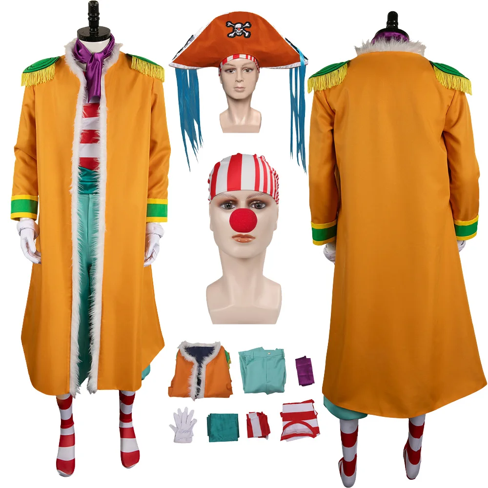 Mannelijke Buggy Cosplay Kostuum Shirt Broek Jas Hoed Rode Neus Sjaal Anime Roleplay Pak Outfit Fantasie Halloween Carnaval Feestdoek