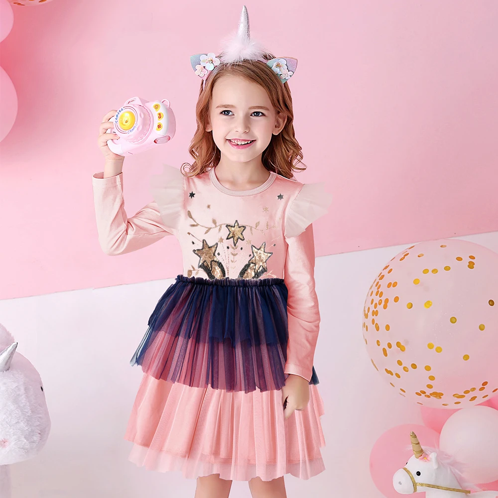 DXTON Autumn Princess Dress For Girls Toddler Cotton Clothing Sequined Star Casual Children Costume Layer Tulle Kids Dress 3-8Y