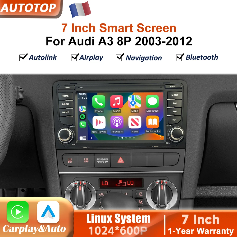 Écran tactile 7 pouces sans fil CarPlay Android Auto pour Audi A3 8P 2003-2012, système intelligent de voiture, autoradio multimédia intelligent avec Bluetooth, navigation GPS, Autolink, Mirror Link, AirPlay.