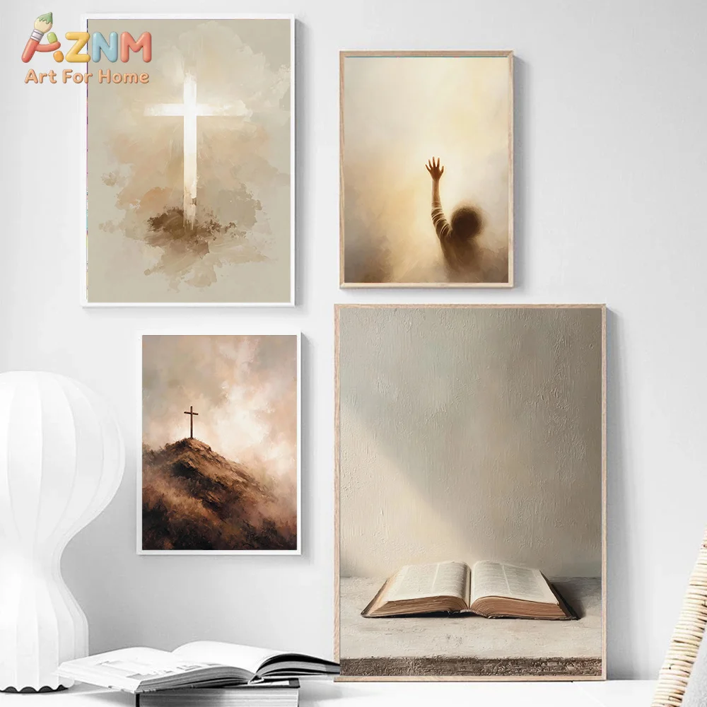 AZNM Neutral Christian Cross Canvas Wall Art Jesus Bible Religious Vintage Painting Faith Home Wall Decor Unframed view 2