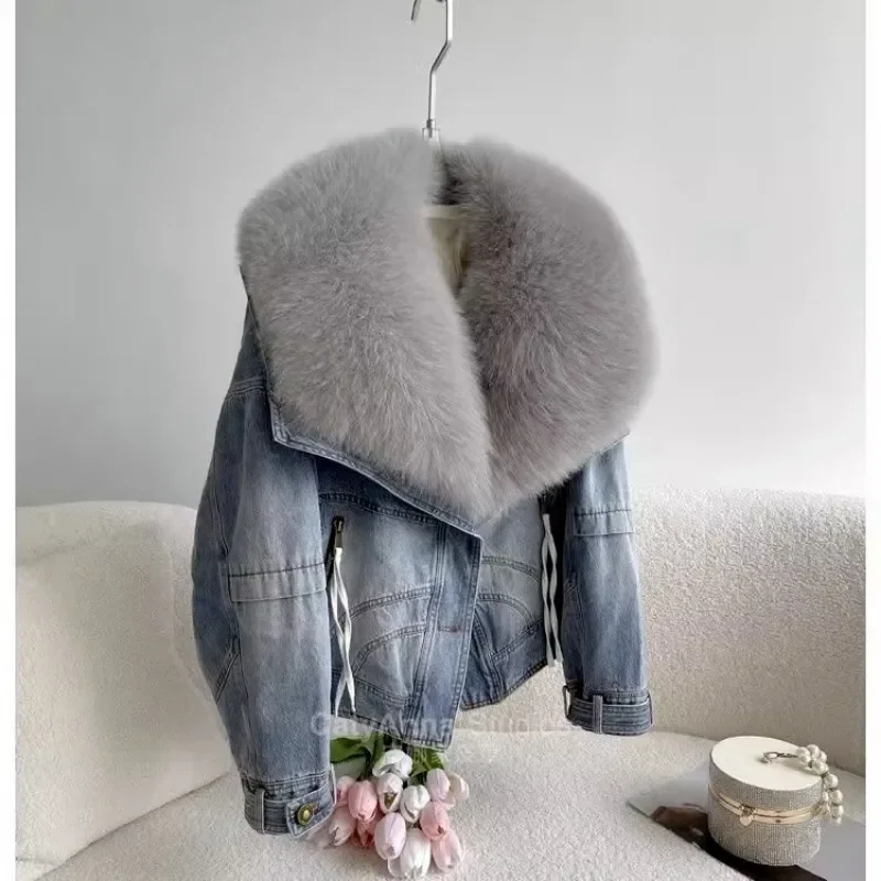 Winter Thickened Short Denim Jacket Fashion  Parkas Jeans Jacket Luxury Fur Coat Removable Fur Collar Cotton Jacket New