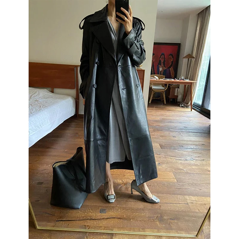 Women Leather Jacket Autumn Winter Black/Red Coffee Sheepskin Lapel Double Breasted  Belt Slim Show Tall Long Trench Coat Dress