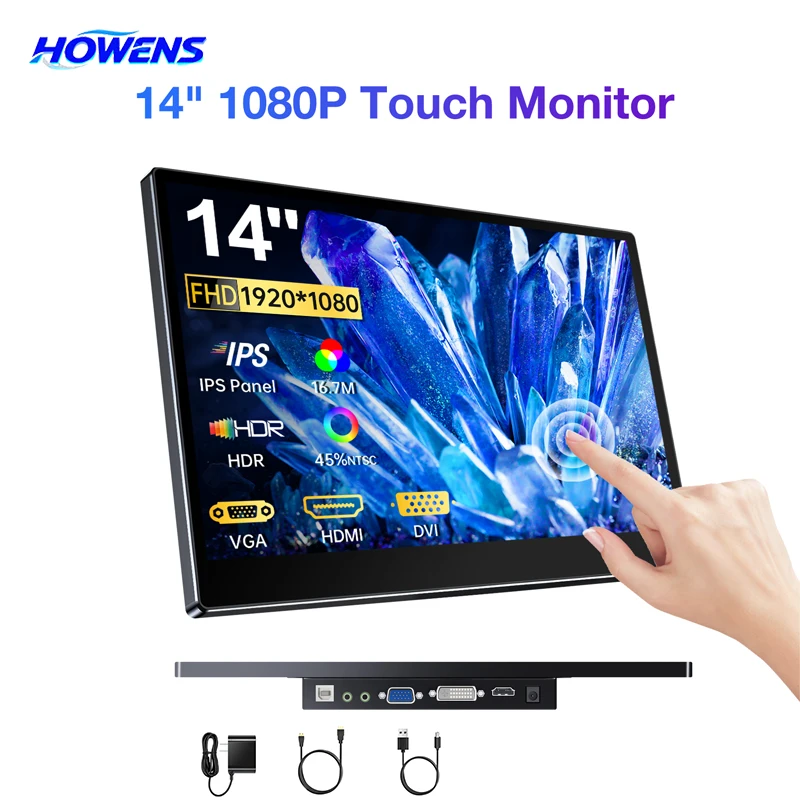 Monitor Portátil HOWENS de 14 polegadas 1080P IPS com Tela Sensível ao Toque de 10 Pontos, HDMI, VGA, DVI, Alto-falantes Duplos, VESA para Laptop, PC, PS5, Industrial e POS