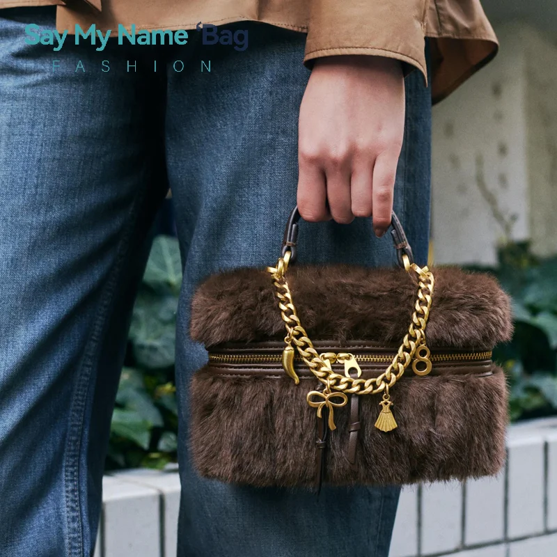 

2026 New In Polyester Imitation Rex Rabbit Fur Chain Shoulder Faux Fur Mini Box Bags For Women Luxury Designer Handbag And Purse