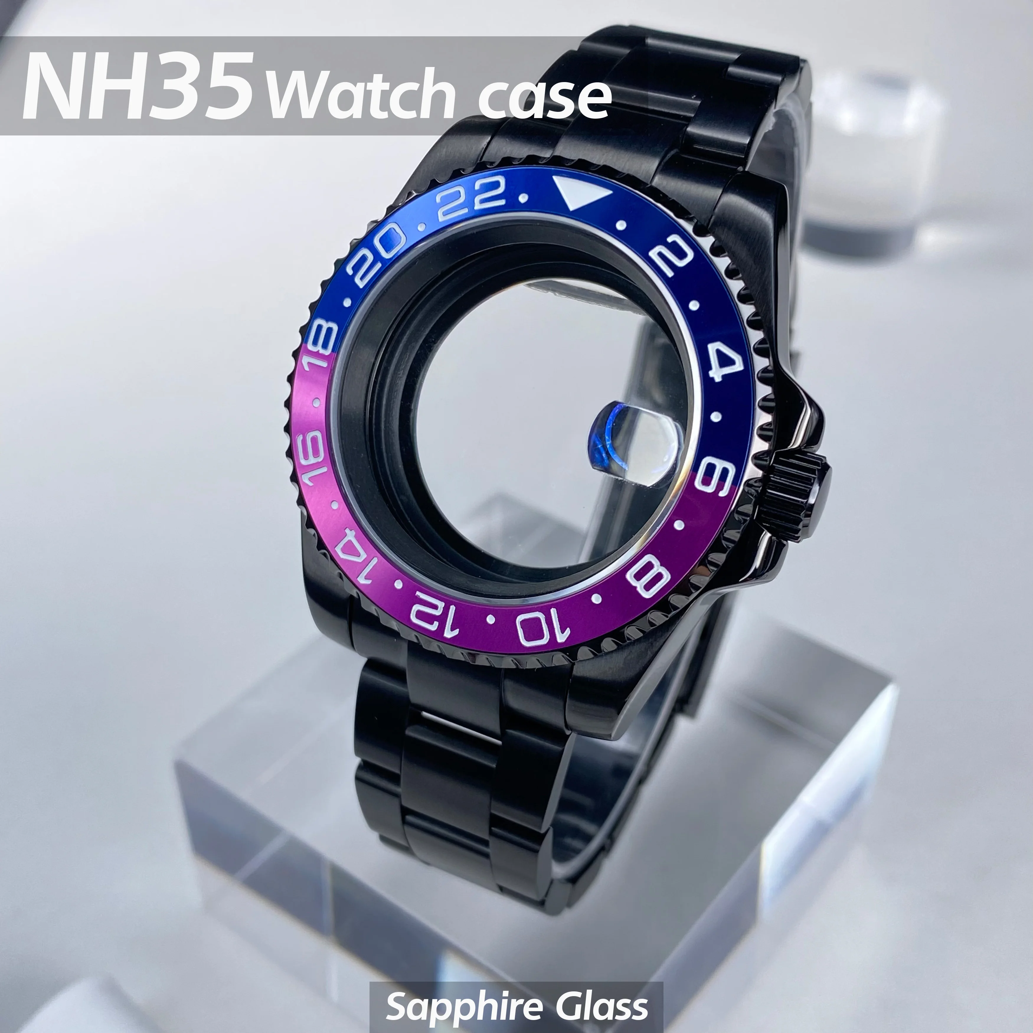 NH35 Case 40mm Black Sapphire Glass Stainless Steel One-Way Counterclockwise Rotation (120 click) fit NH34 NH35 Mouvement Case