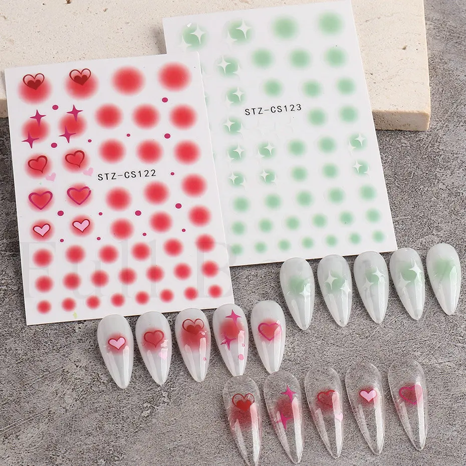 Blush Love Heart Nail Sticker 3D Pink Green Gradient Blooming Sweetheart Star Manicure Design Slider Nail Decoration NLSTZ-CS122