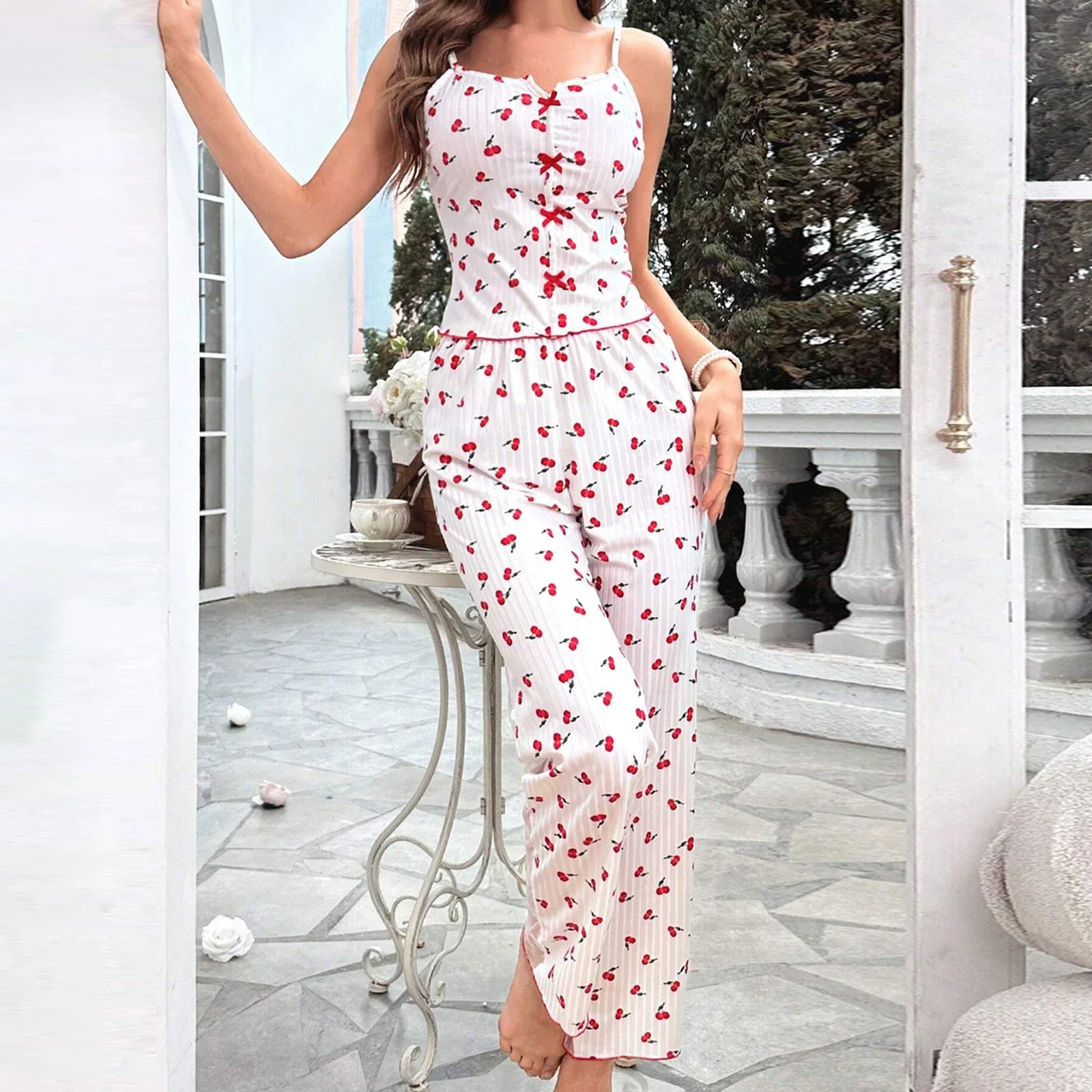 Autumn Winther See Through Pajamas Set Women\'s Loungewear Cherry Heart Print Patchwork Cami Tops with Pants Sets Sleepwear