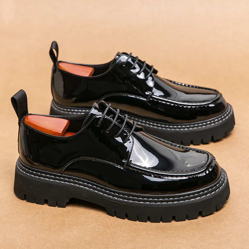 Platform Shoes Oxford Shoes Man Thick-soled Wedding Shoes Formal Business Shoes Patent Leather Lace-up Heightening Casual Shoes